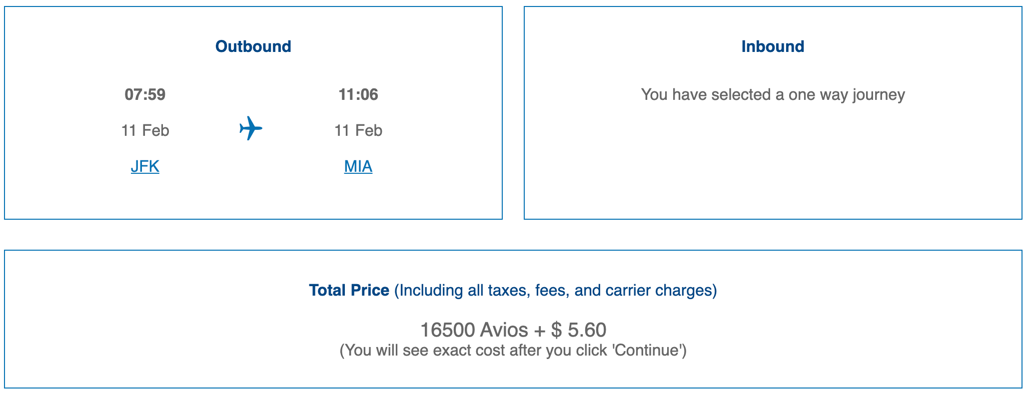 JFK to MIA Business class award on the British Airways website