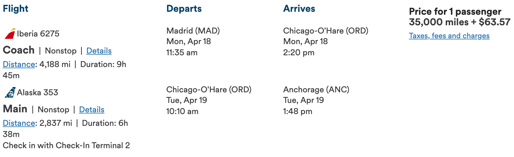 MAD to ANC Alaska Airlines award ticket