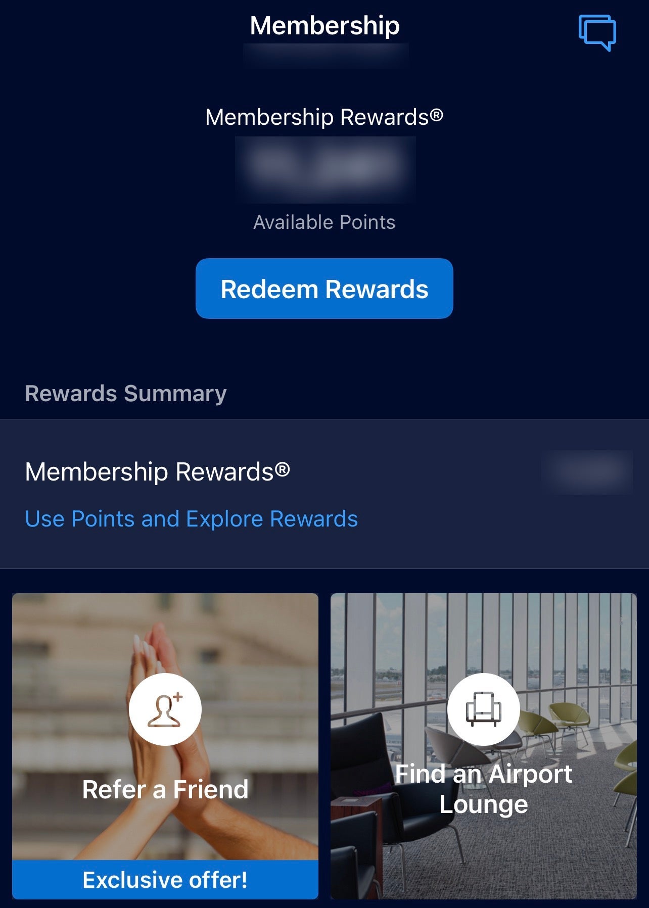 Membership screen in Amex app