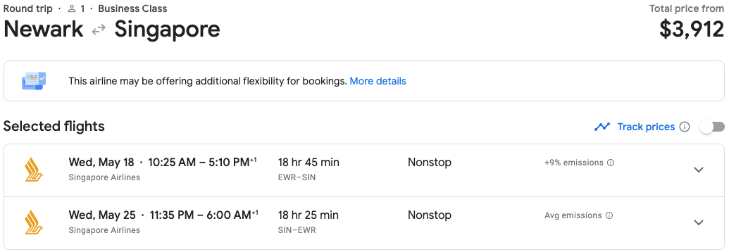 Newark to Singapore Google Flights price on Singapore Airlines