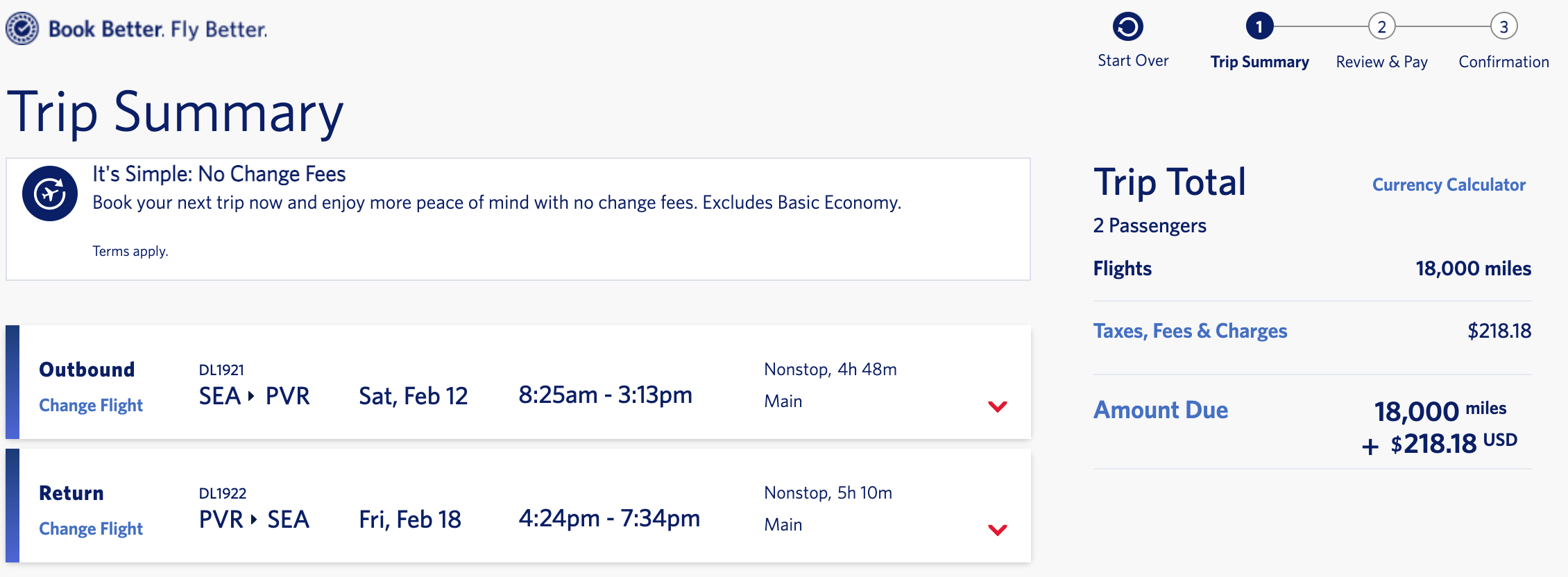 SEA to PVR Delta award itinerary