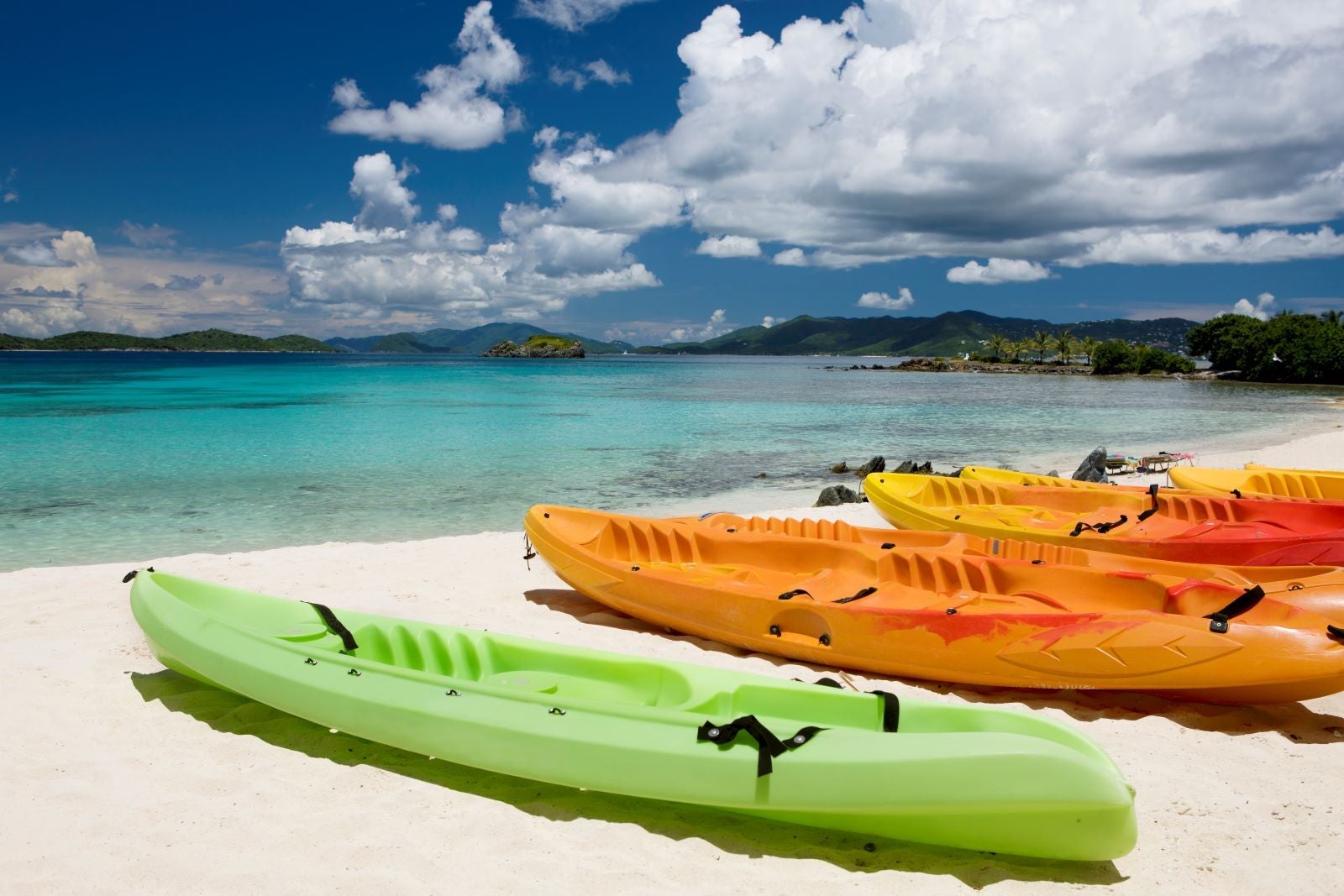 Canoes on a beach in St. Thomas, U.S. Virgin Islands in the Caribbean.
