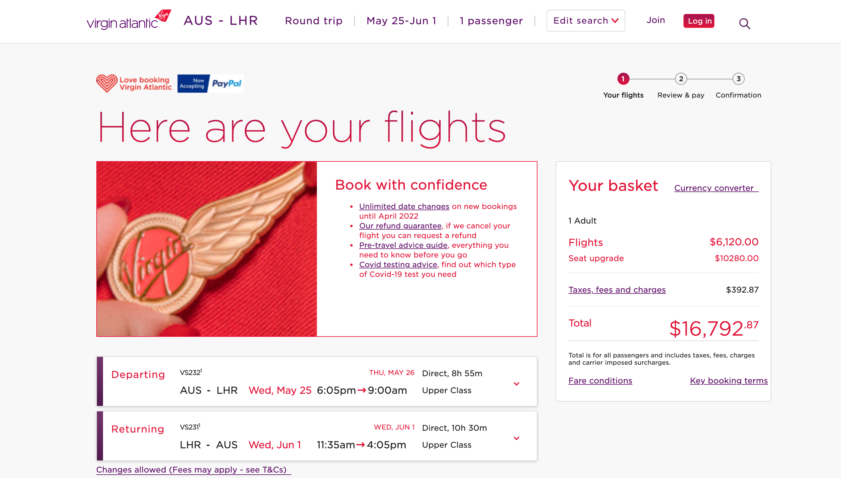Virgin Atlantic flights AUS to LHR. (Screenshot courtesy Virgin Atlantic)