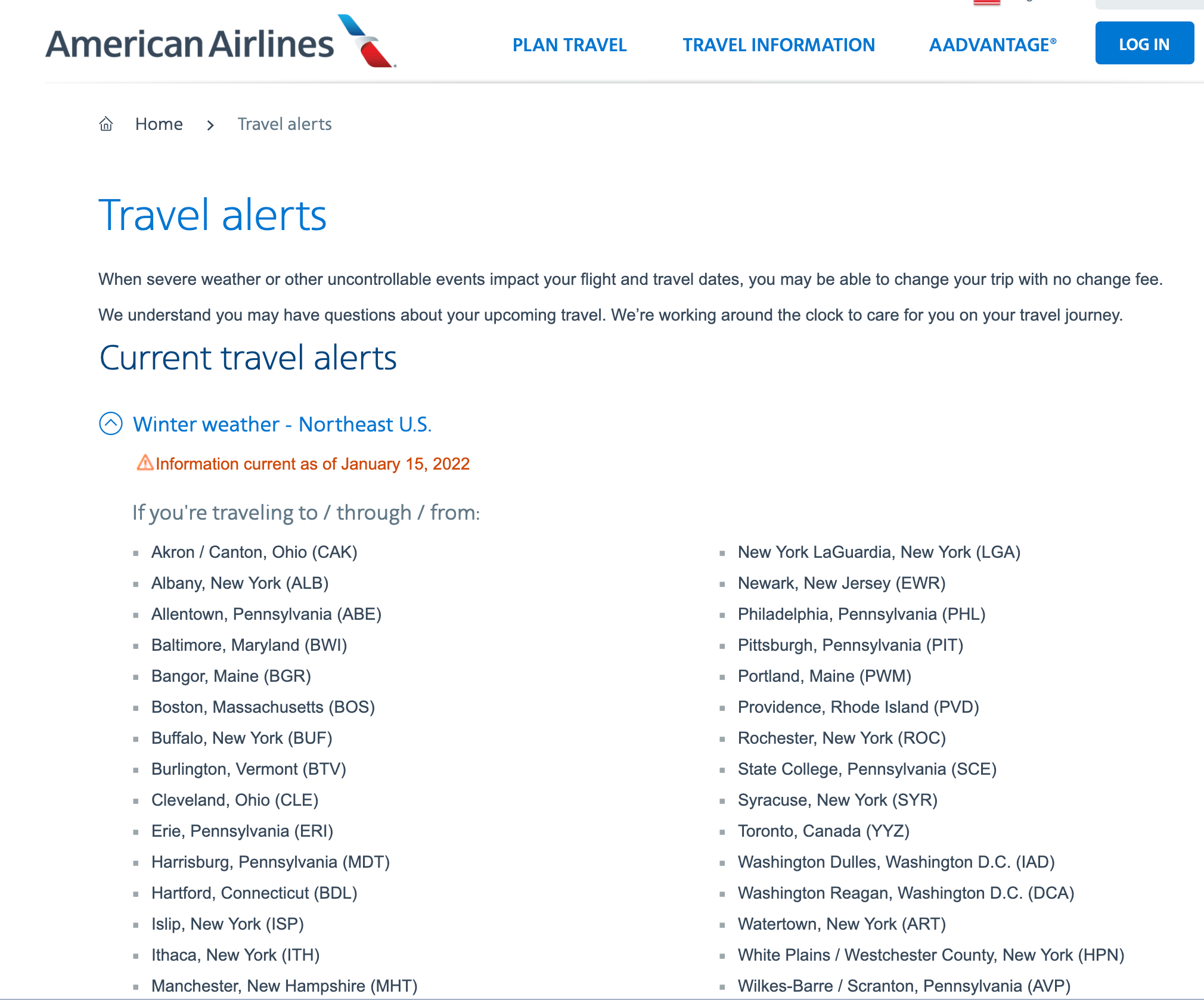 AA Northeast travel waiver. (Screenshot courtesy American Airlines)