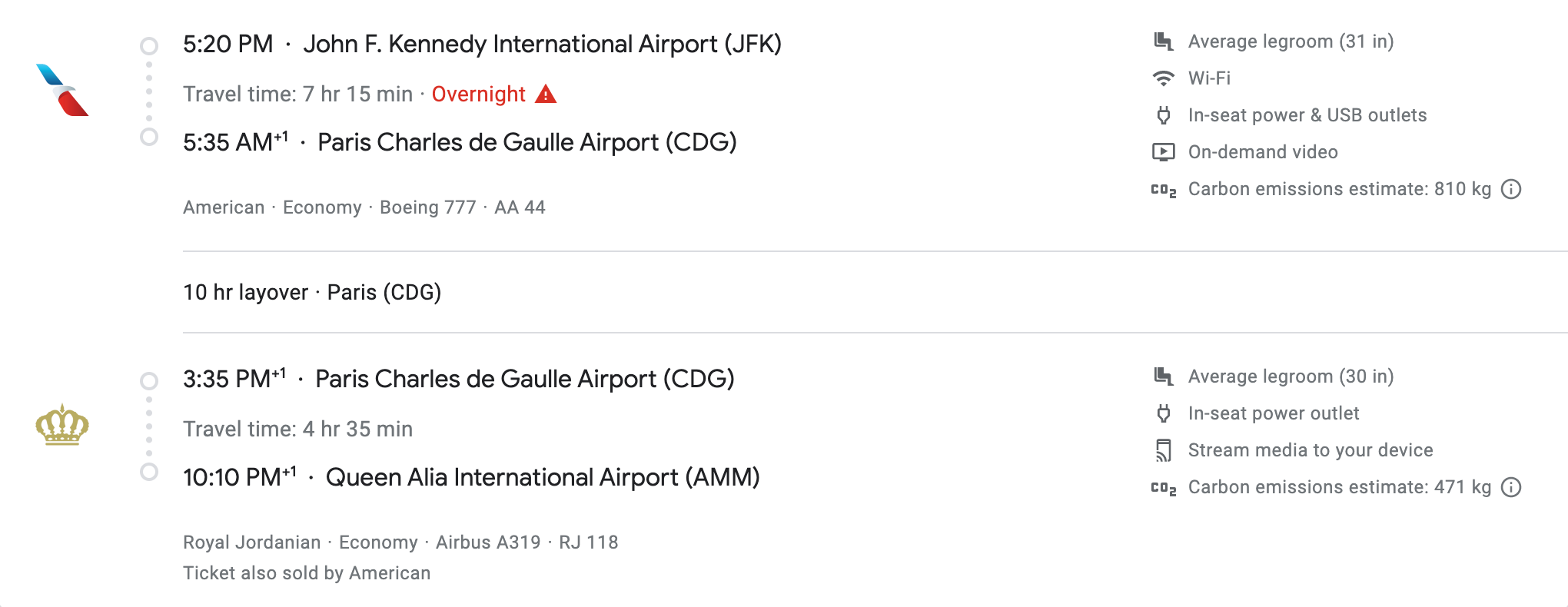Details on a Google Flights itinerary from New York-JFK to Amman via Paris