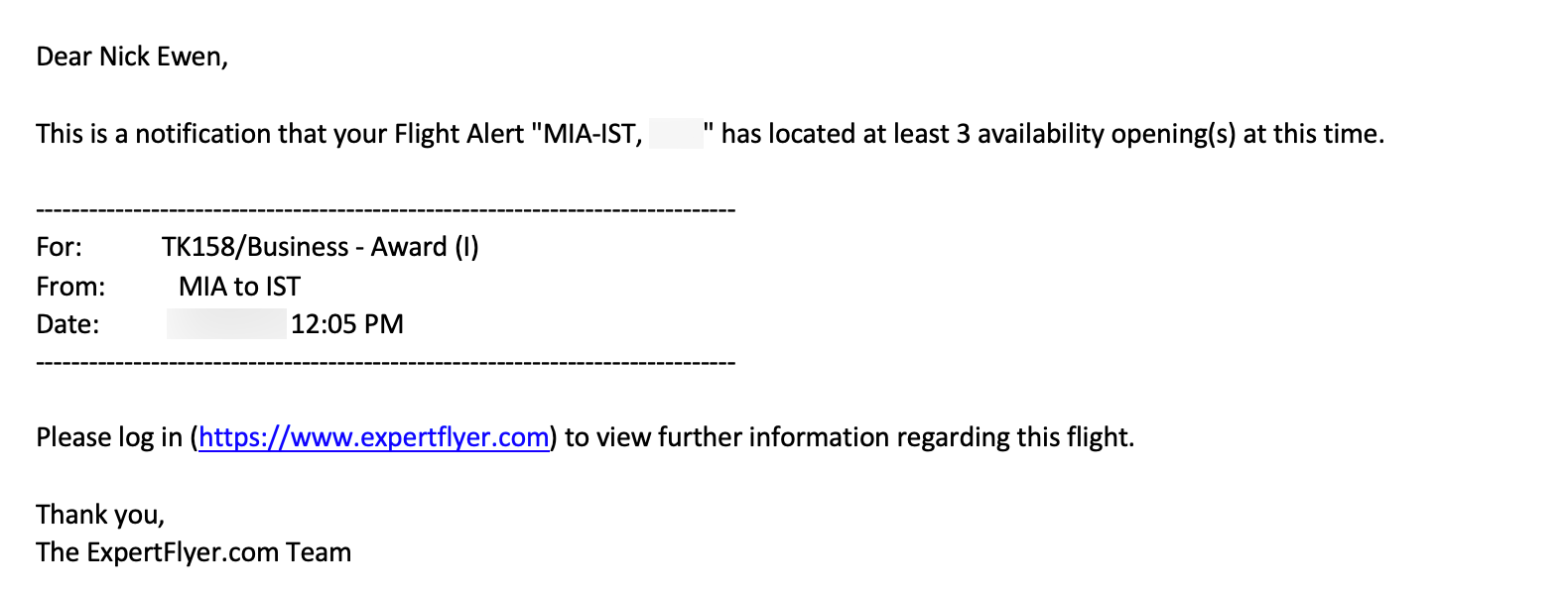 An ExpertFlyer award availability alert email