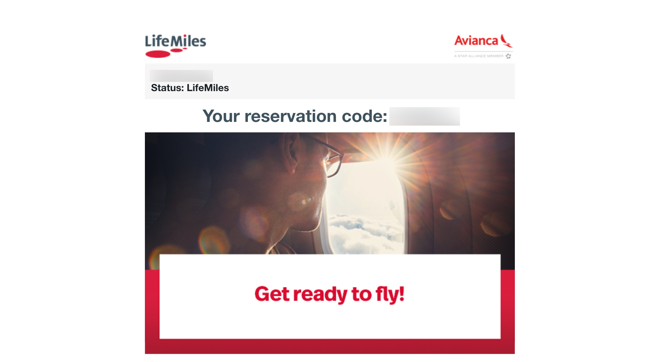 Email confirmation for an Avianca LifeMiles award ticket
