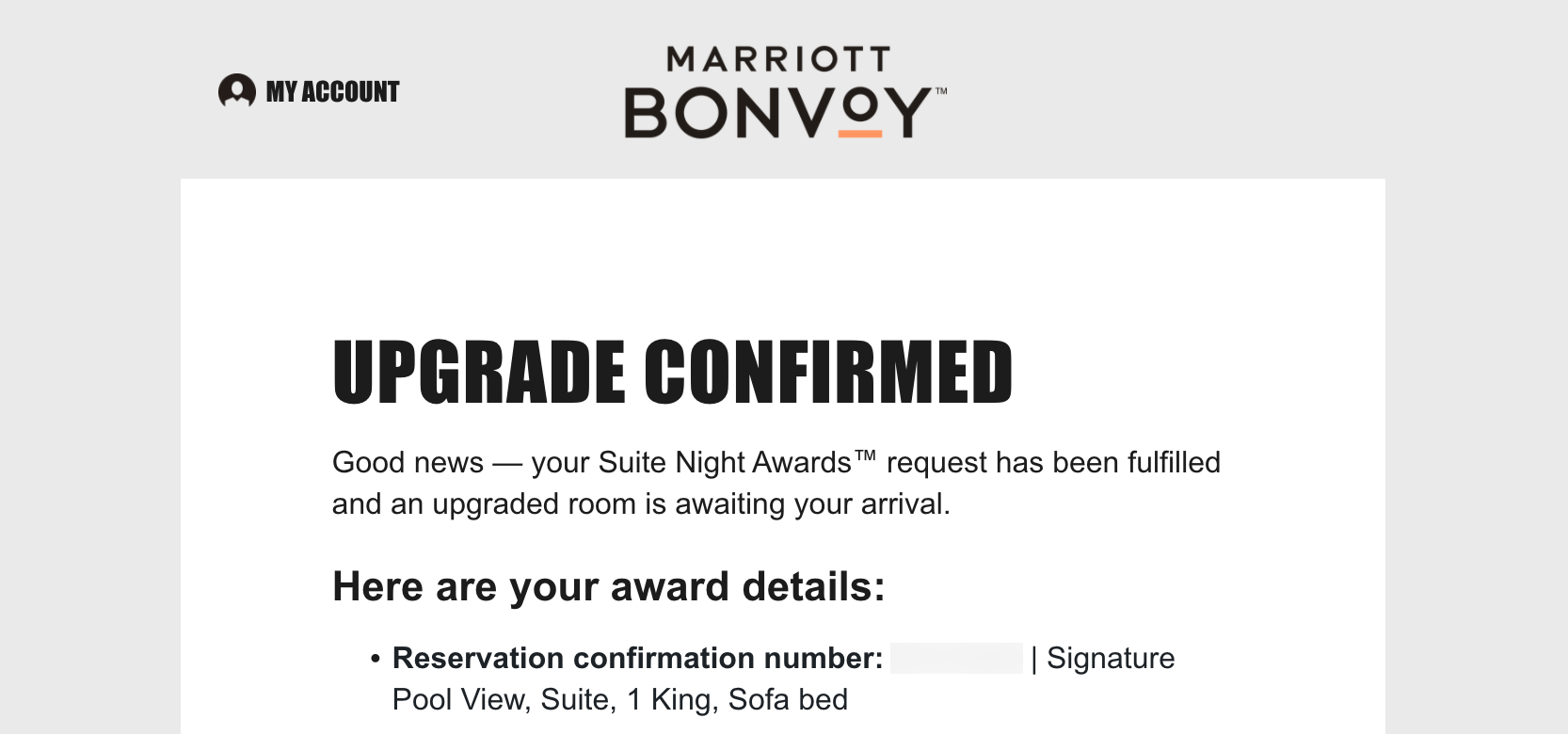 An email from Marriott, confirming an upgrade to a suite for a Platinum member at the Swan Reserve