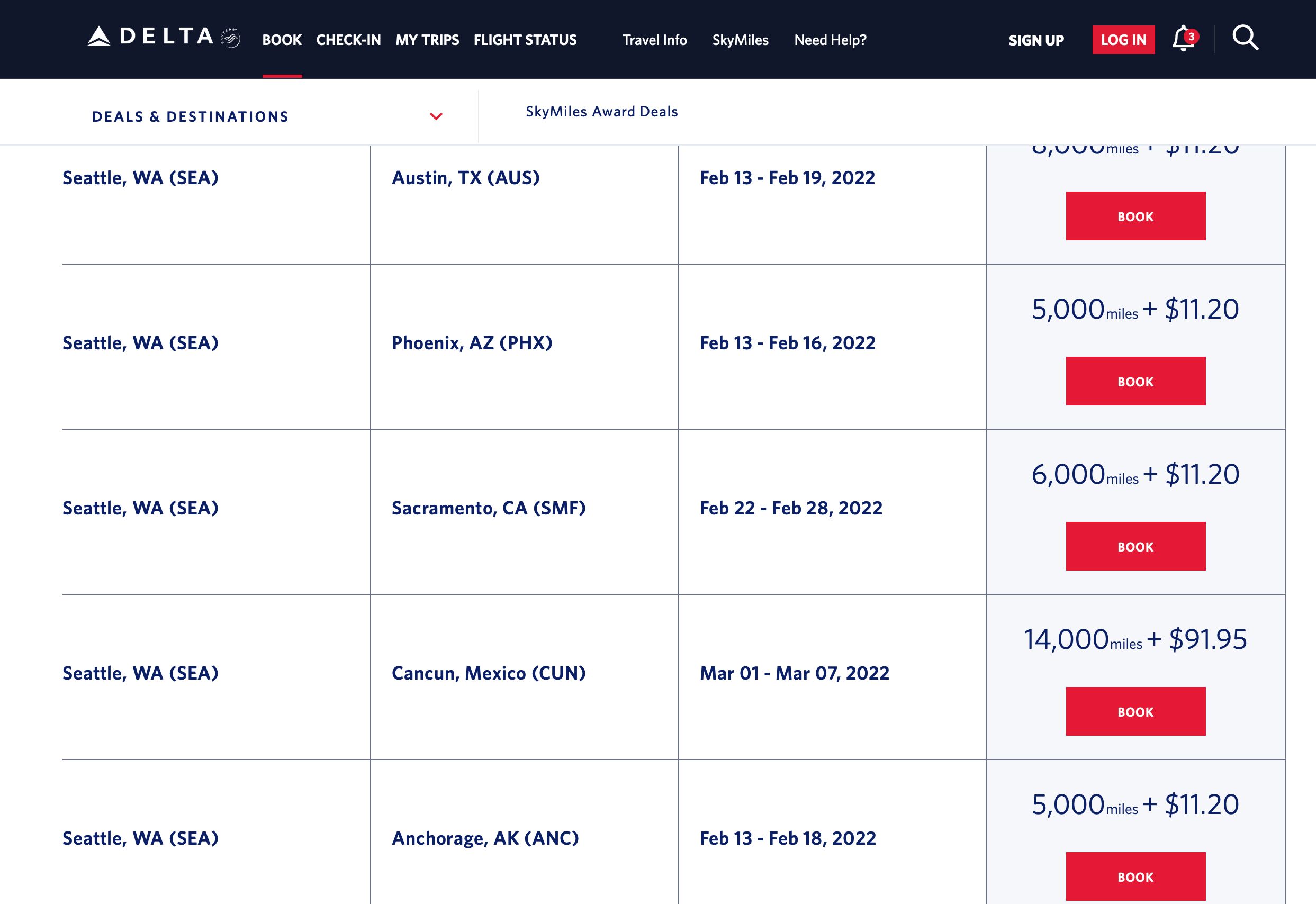 Some of these routes will cost only 5,000 SkyMiles round-trip and $11.20 in taxes and fees. (Screenshot courtesy Delta Air Lines)
