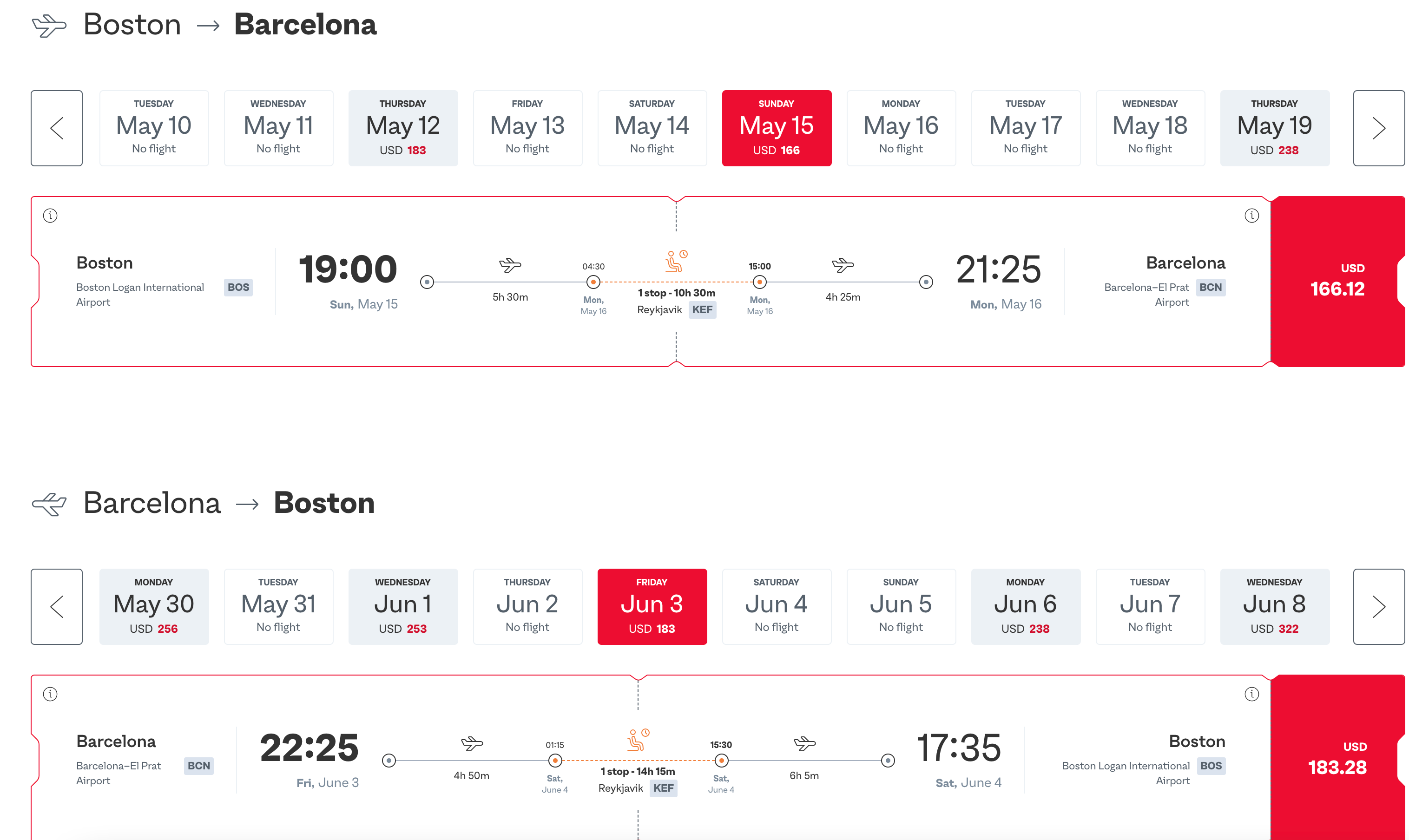 Flights from Boston to Barcelona. (Screenshot courtesy Play)