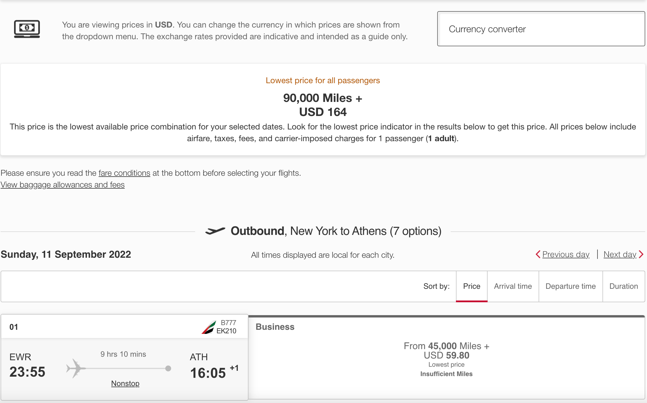 Emirates Skywards deal to Europe showing 45k miles each way