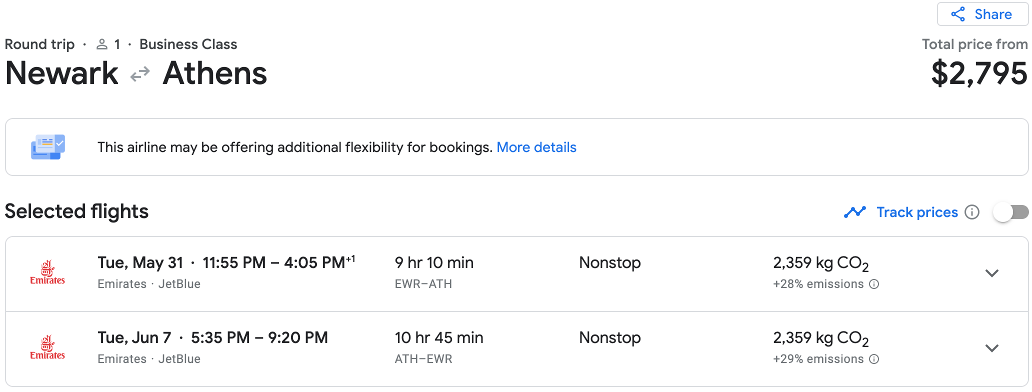 Emirates deal for $2,795 roundtrip between EWR and ATH