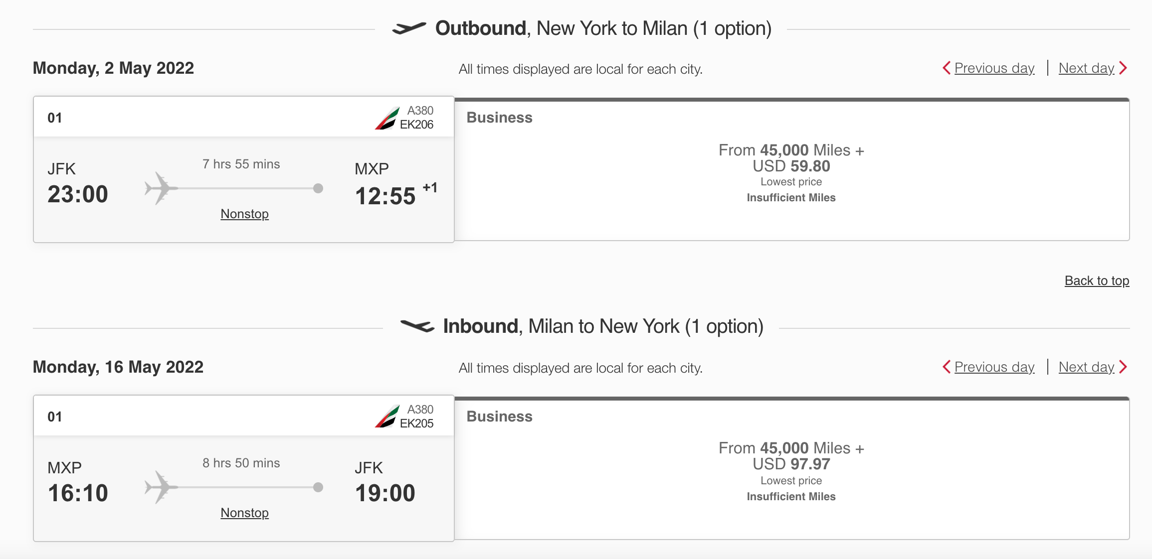 Availability to Milan (MXP) in May for 90k miles roundtrip