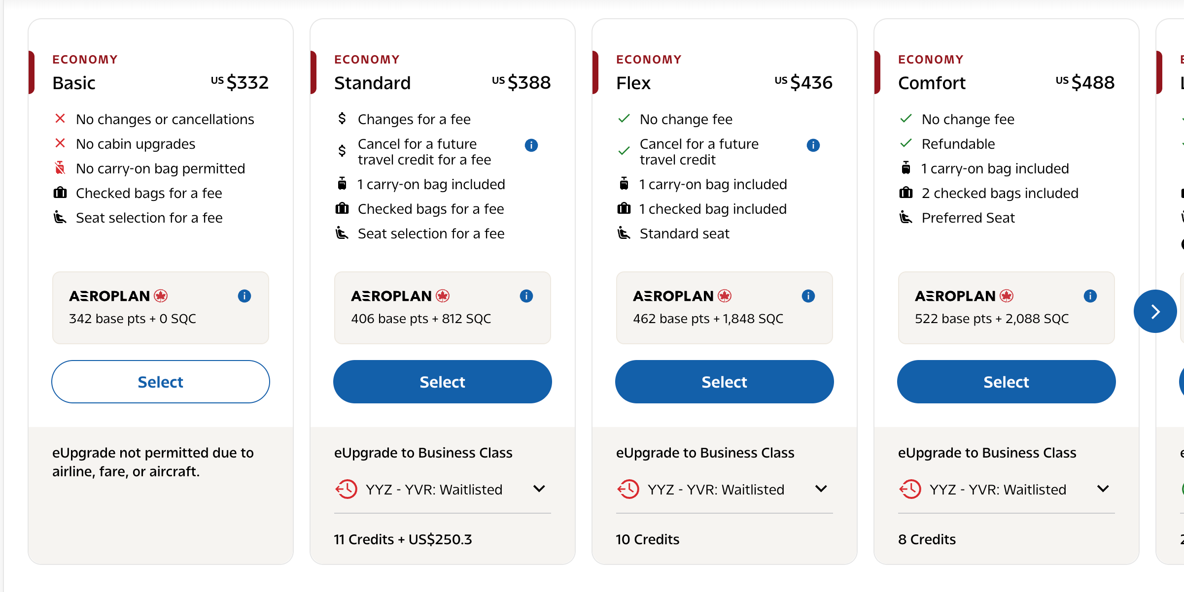 Air Canada search with upgrade availability and pricing.