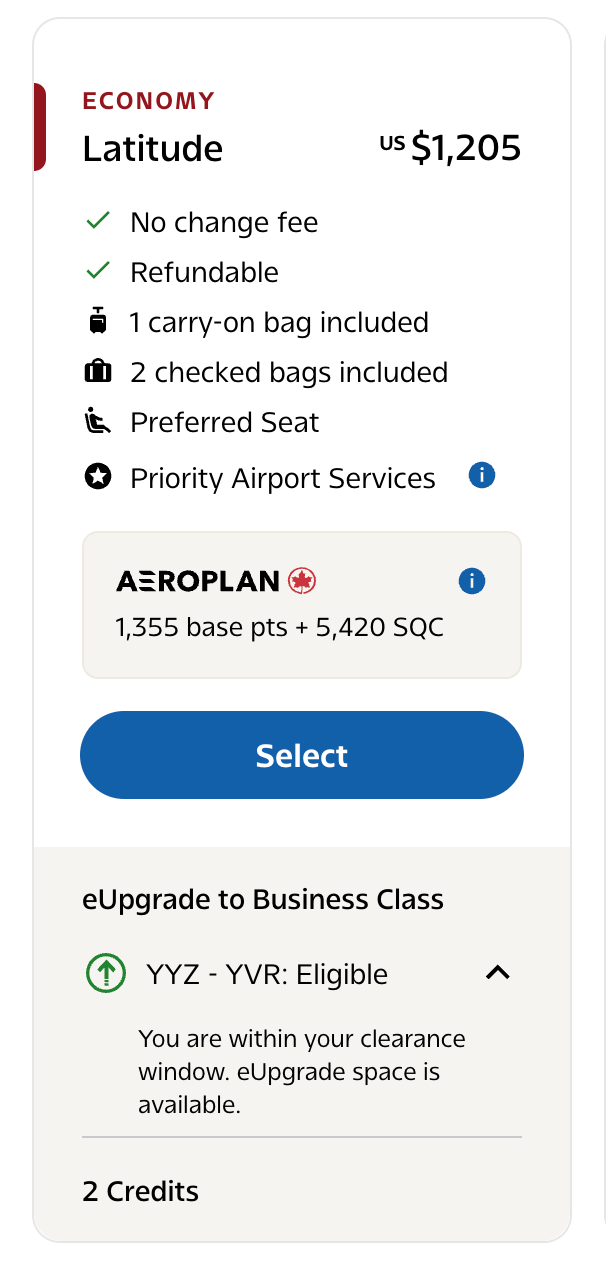 Full fare economy ticket with confirmable upgrade space.