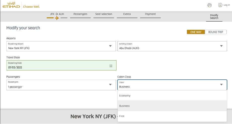 Searching on Etihad website