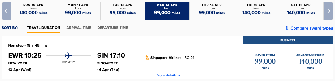 Singapore Airlines EWR to SIN award space search results