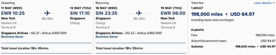 Singapore Airlines round-trip award ticket from Newark to Singapore