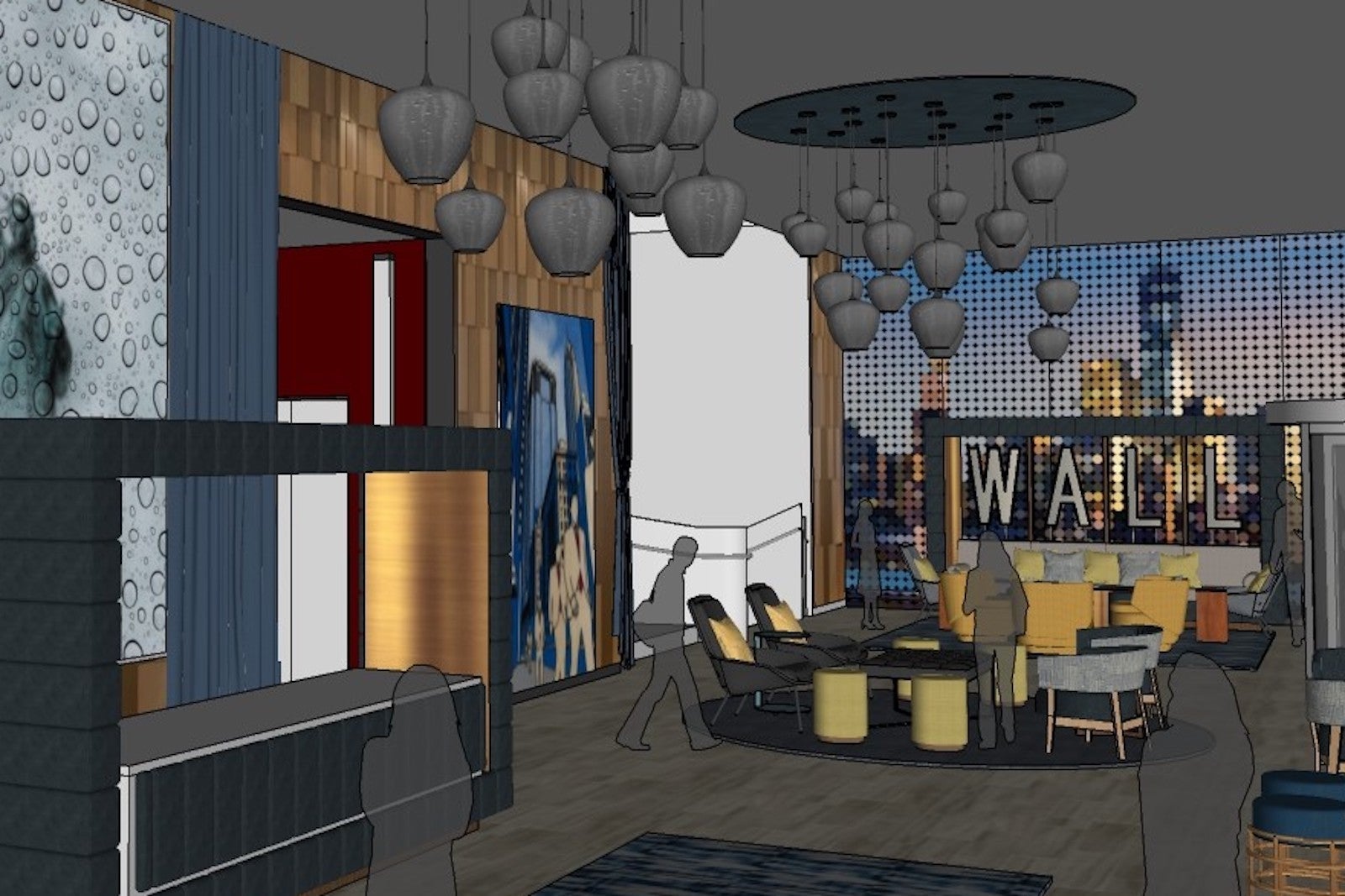 rendering of hotel lobby with hanging lamps, tables and wall art of New York City