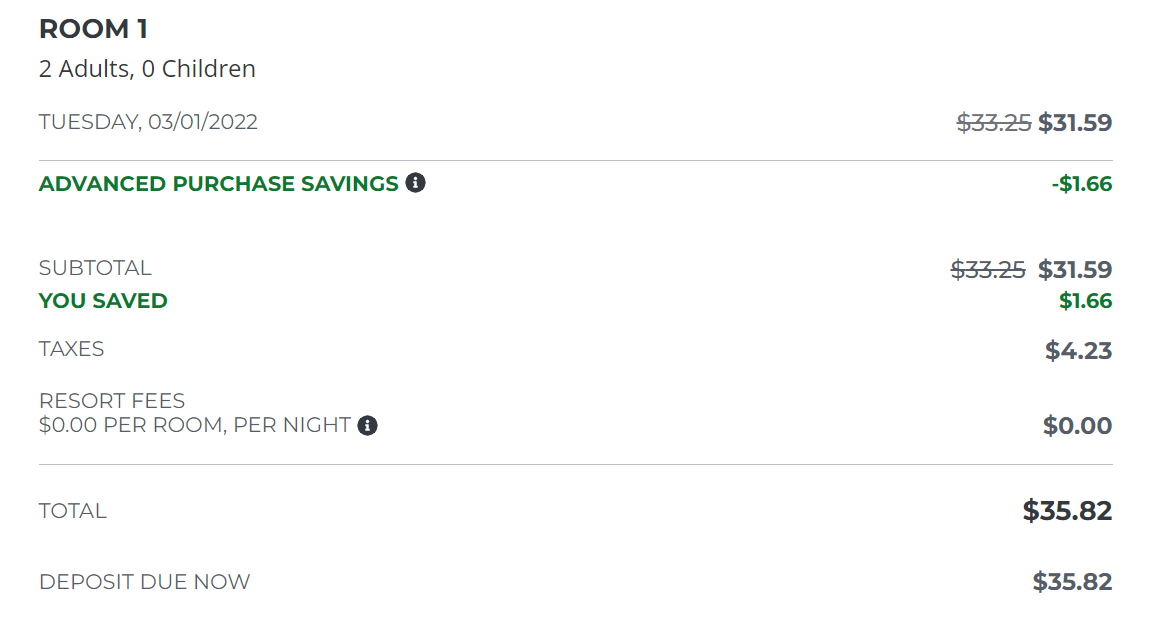 Caesars pricing showing waived resort fee