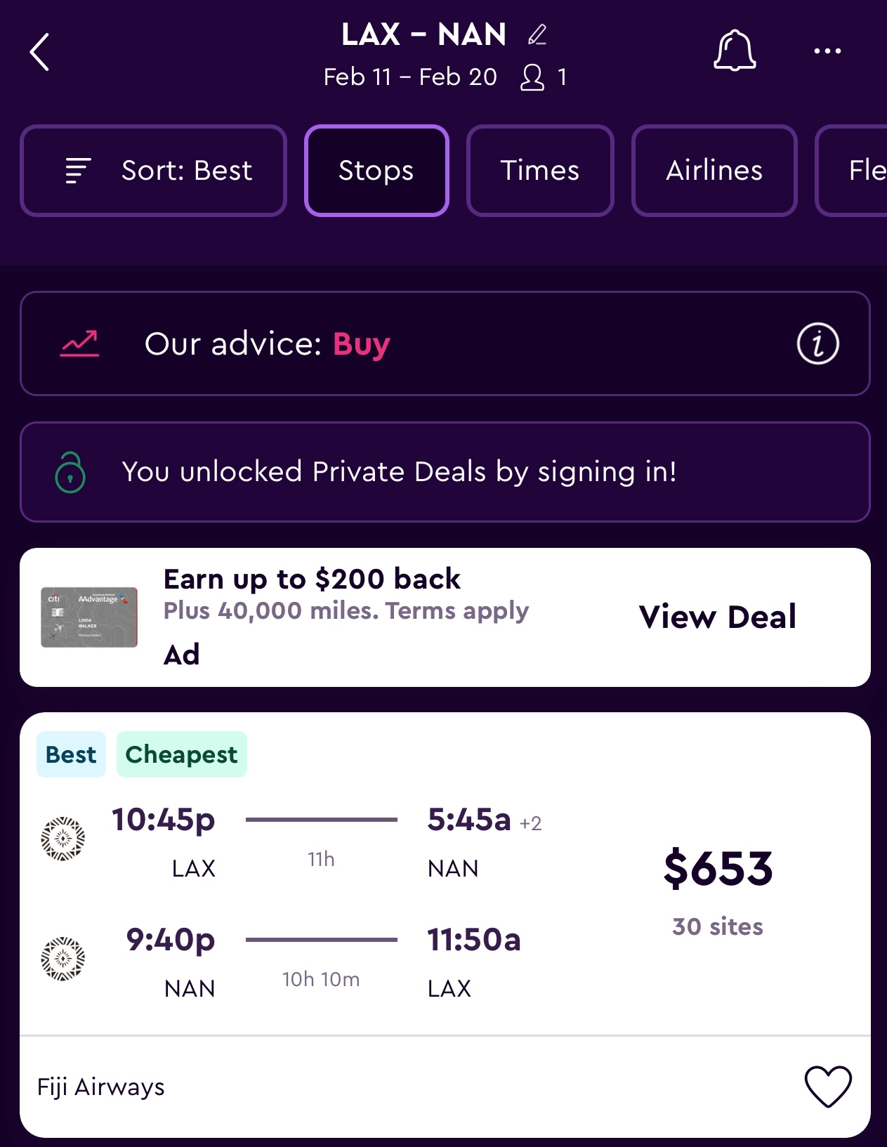 Screenshot of airfare pricing to Fiji