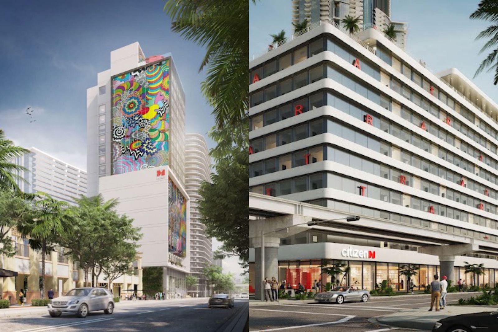 left: rendering of large hotel with mural; right: rendering of large white hotel