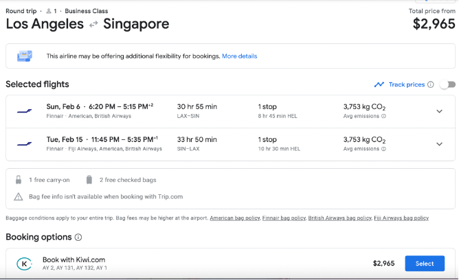 Finnair from Los Angeles and Singapore via Helsinki