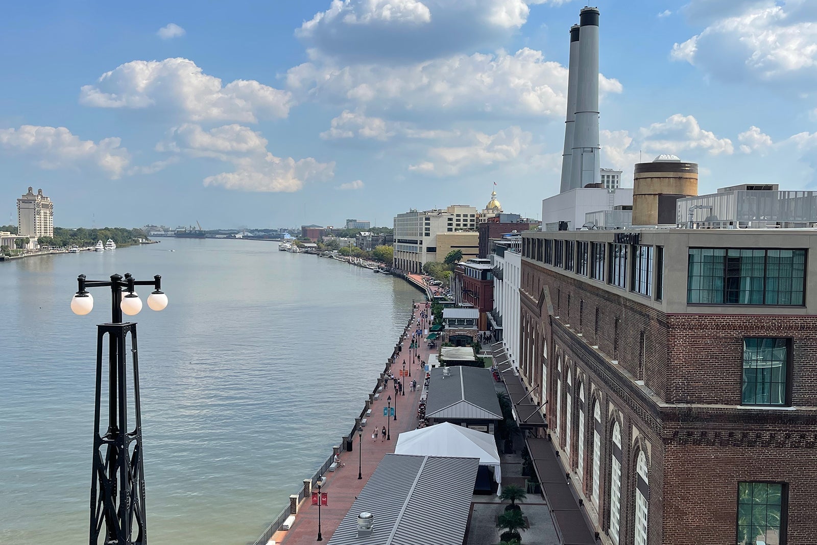 Aerial view of the riverwalk at the JW Marriott Savannah Plant Riverside District