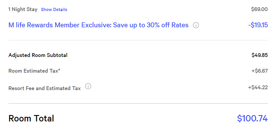 MGM pricing showing resort fee