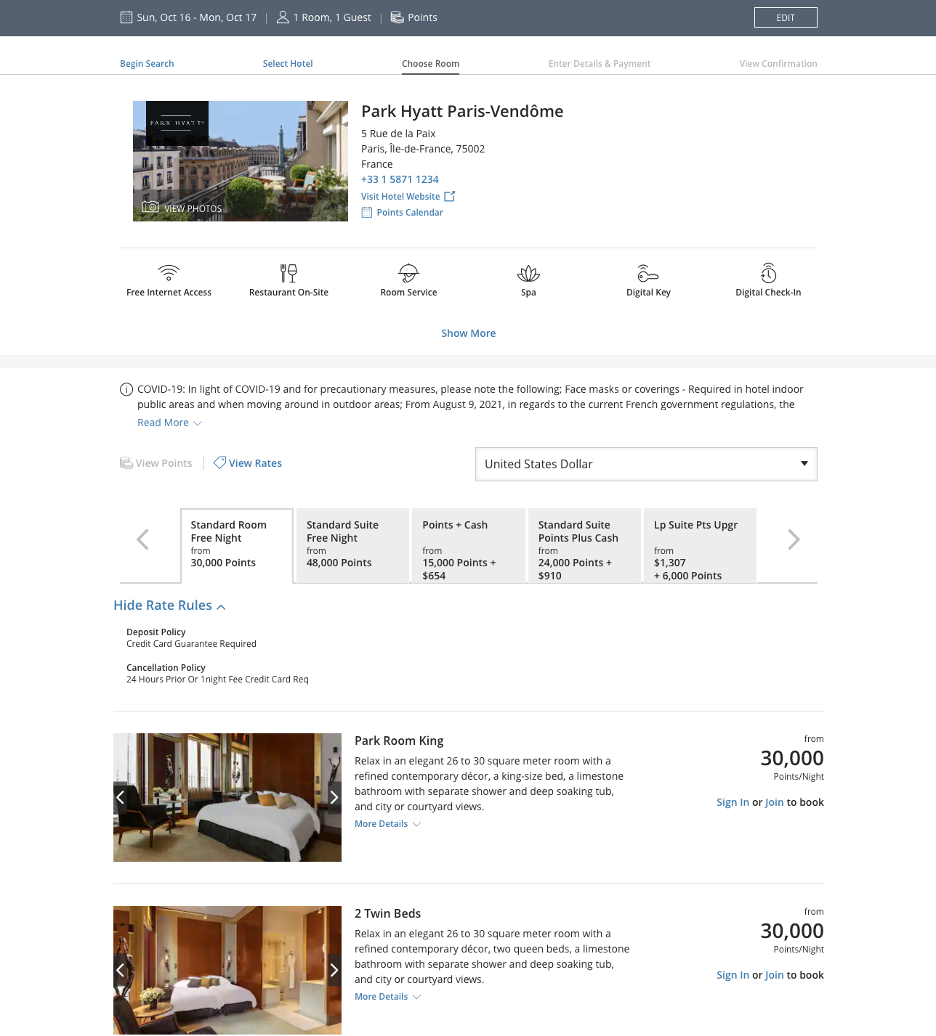 Park Hyatt Paris Vendome award night availability page