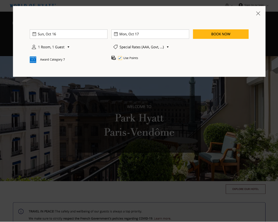 Park Hyatt Paris Vendome booking with points