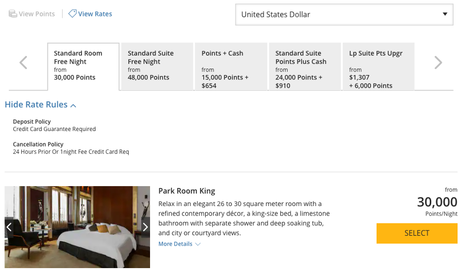 Park Hyatt Paris Vendome award price for same random date in October 2022