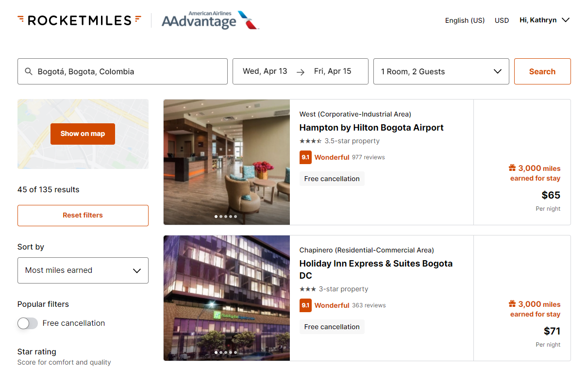 Two-night Rocketmiles booking