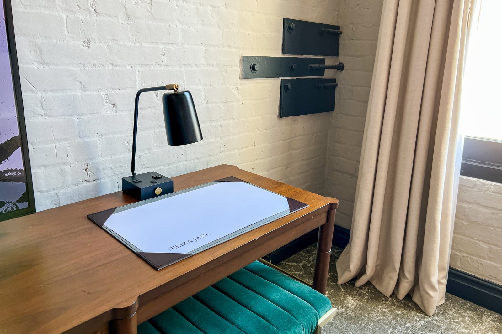 Desk area in hotel room.