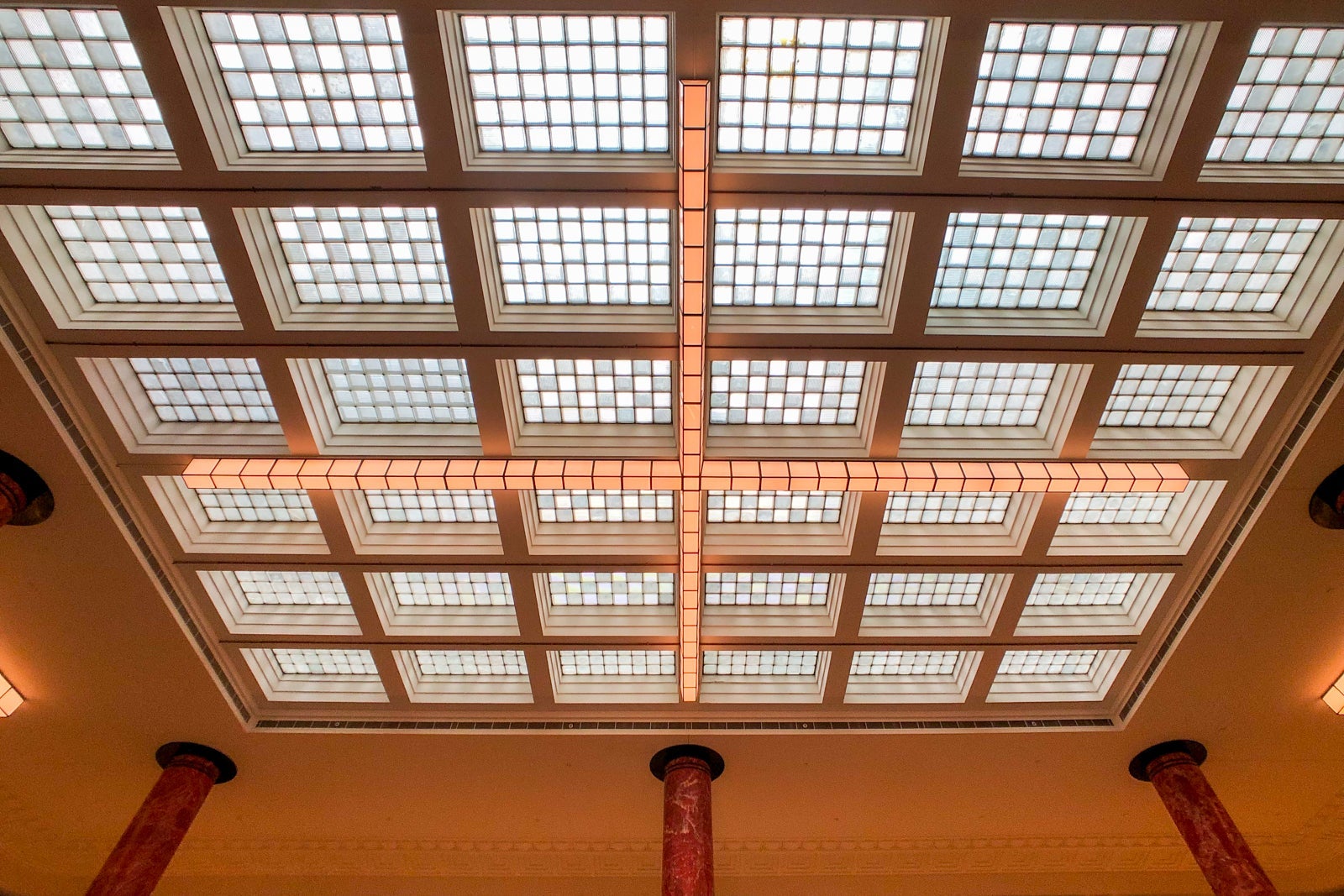 Hotel reception area skylight.