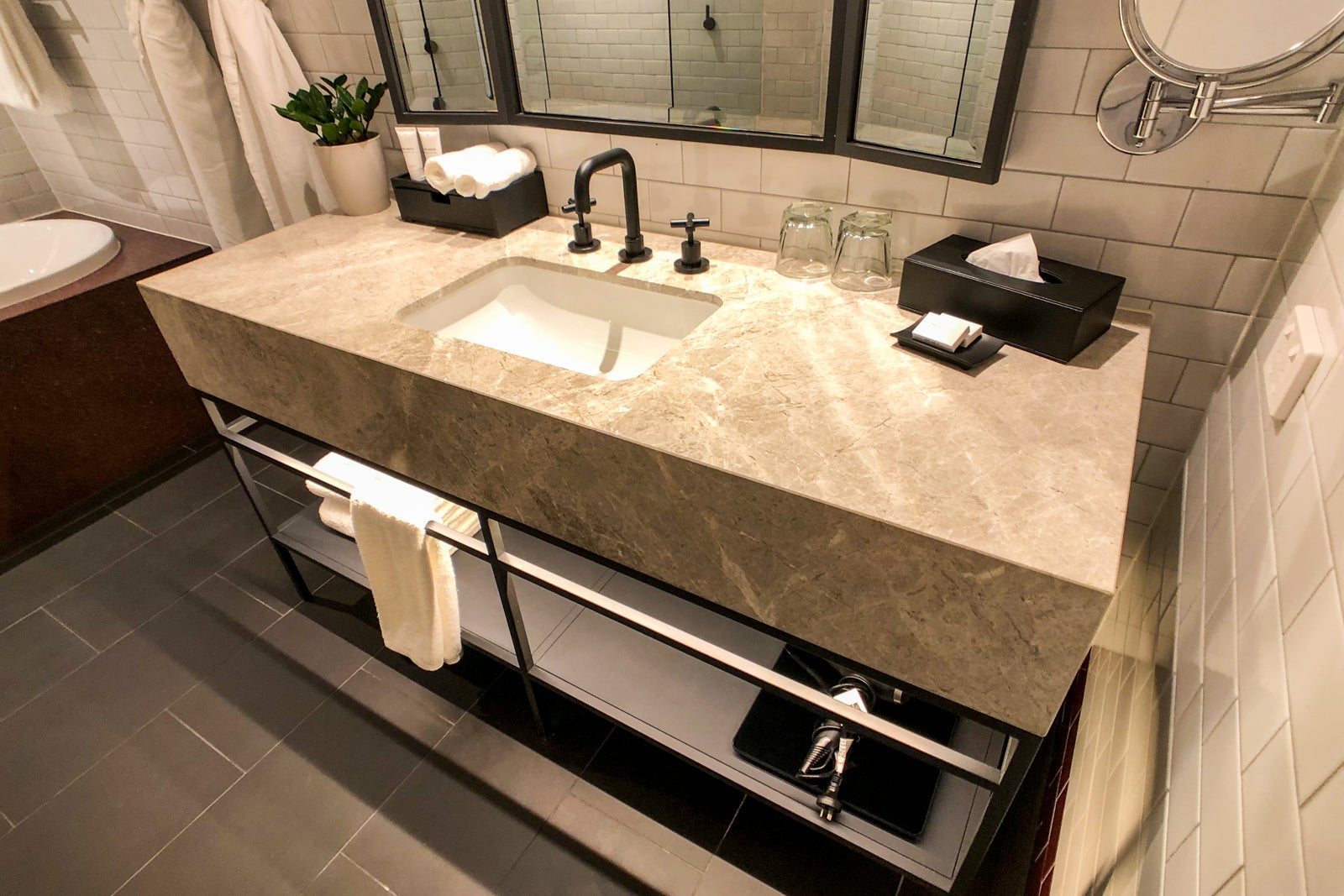 Hotel room bathroom.