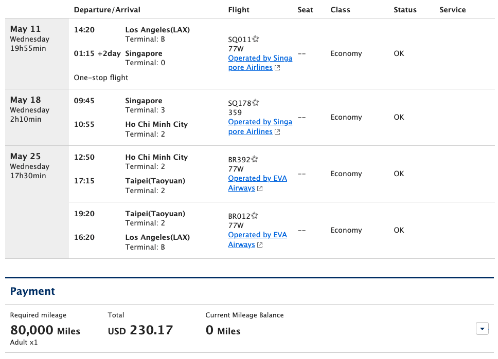 ANA Mileage Club itinerary to Singapore and Ho Chi Minh City