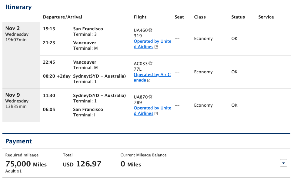 ANA award ticket on United and Air Canada from SFO to SYD