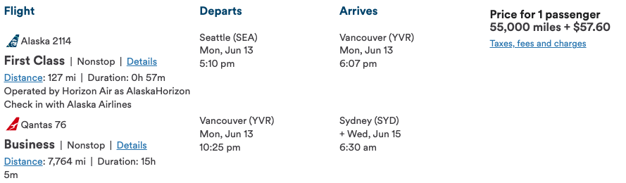 Alaska award ticket from SEA to SYD on Qantas