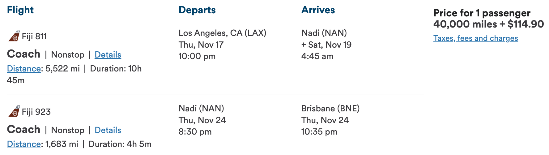 Alaska award ticket on Fiji Airways from LAX to BNE