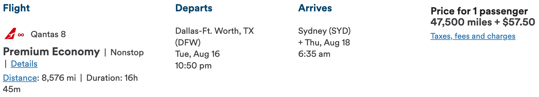 Alaska award ticket on Qantas from DFW to SYD
