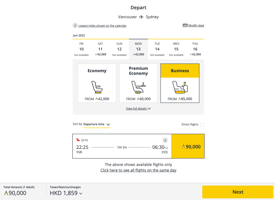 Asia Miles award ticket on Qantas from YVR to SYD