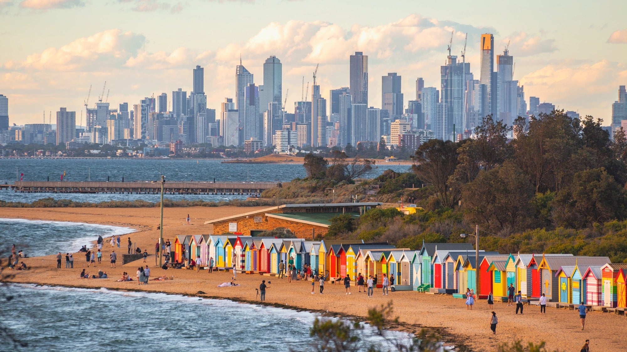 Brighton bathing boxes and Melbourne skyline
