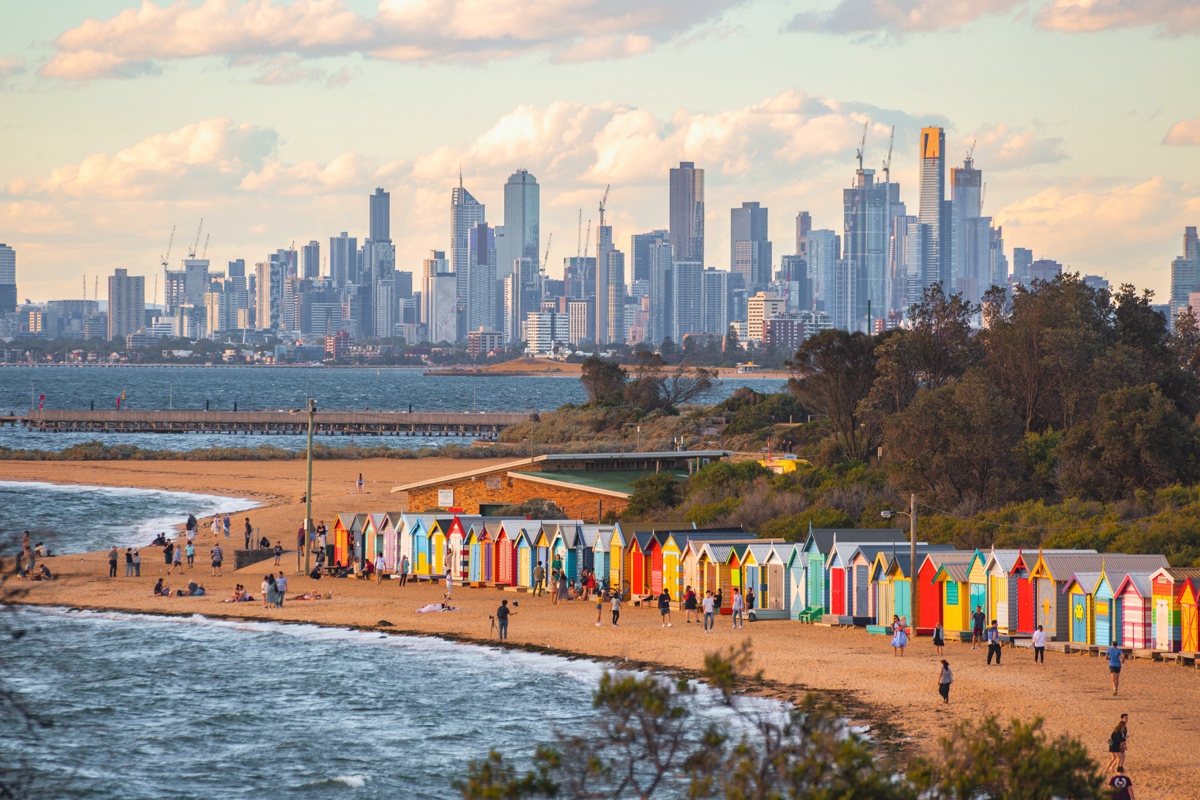 Brighton bathing boxes and Melbourne skyline