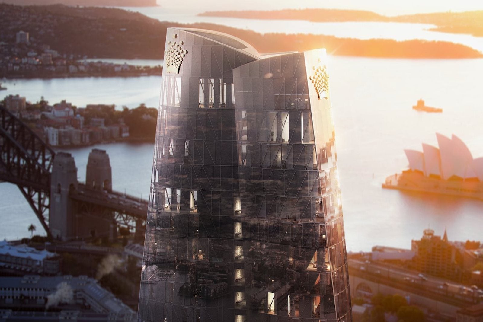 photo of top of tall building with Sydney harbor in the background