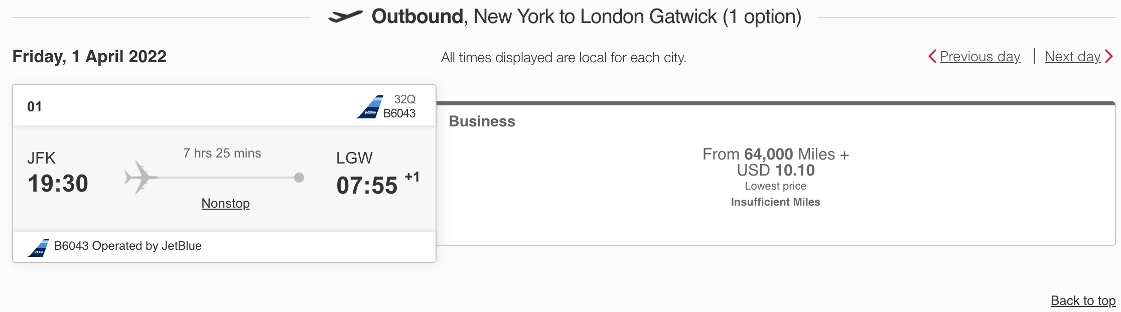 Emirates JetBlue LGW award
