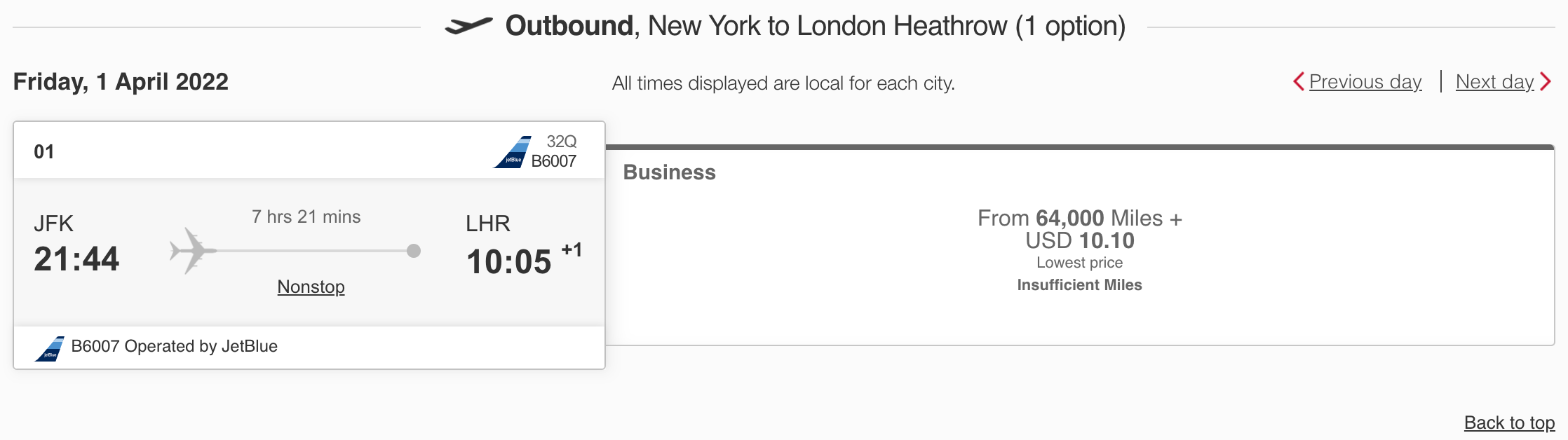 Emirates JetBlue London award