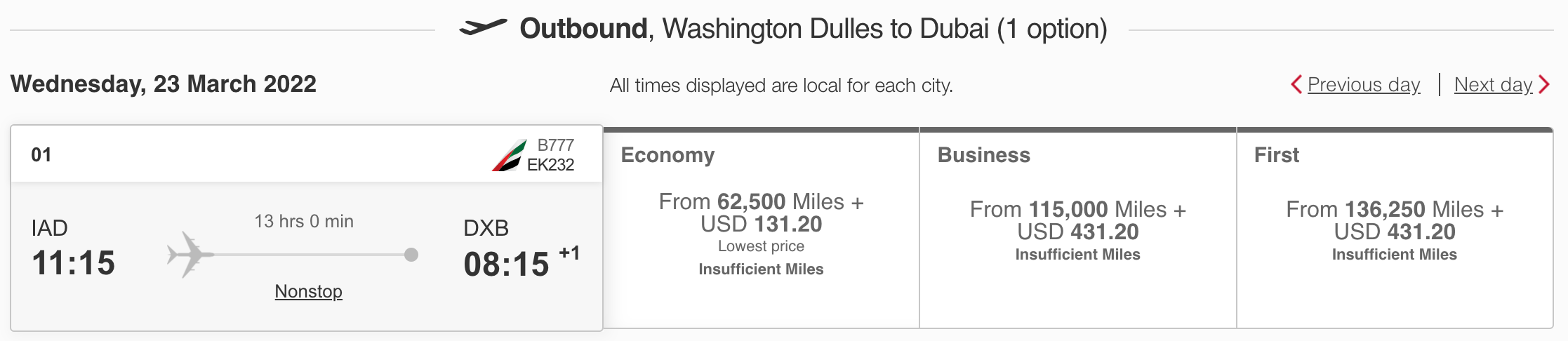 Emirates award rates