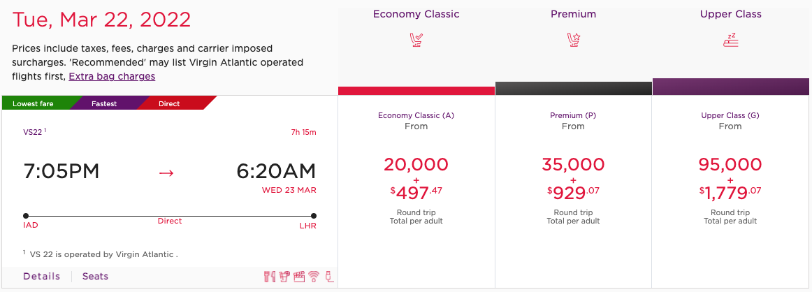 IAD to LHR Virgin Atlantic award ticket