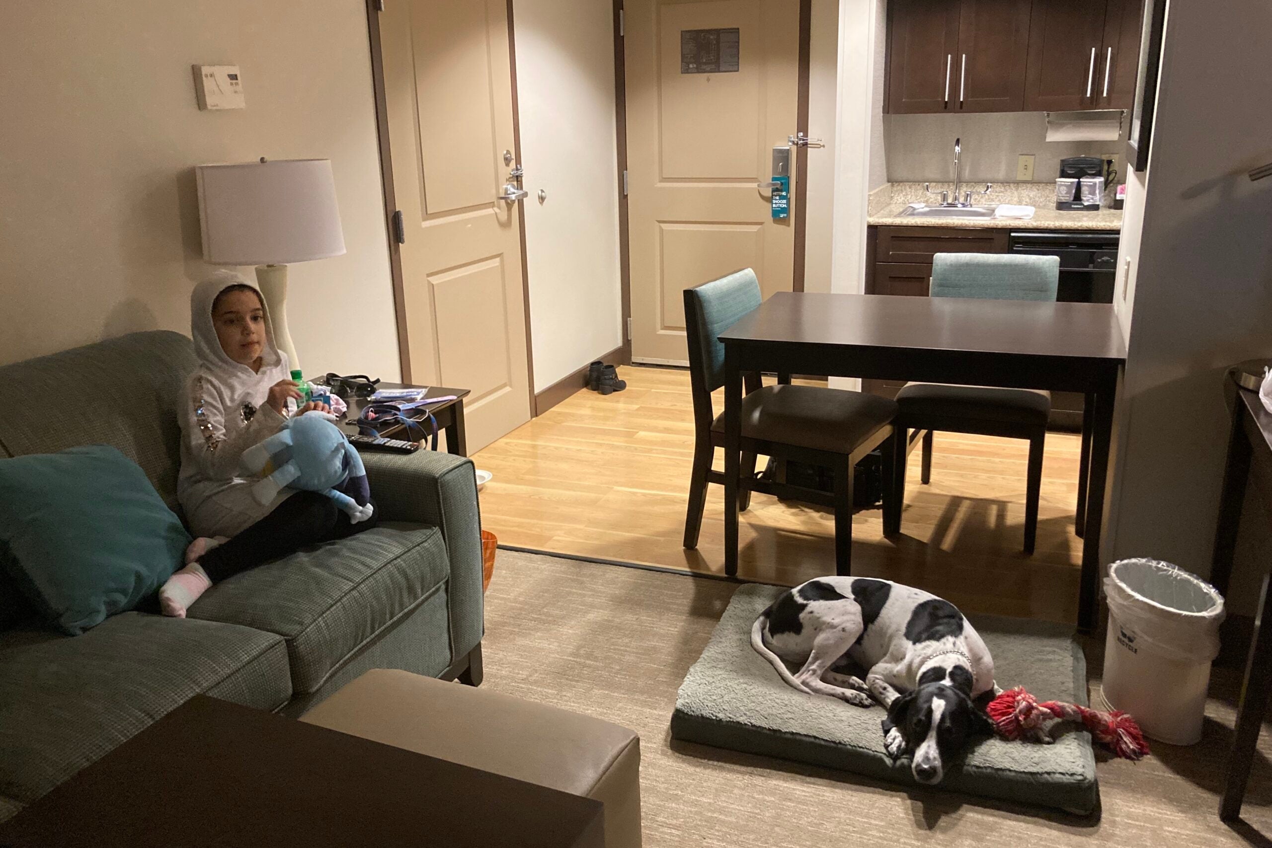 TPG senior editor Nick Ewen's dog and daughter in a Homewood Suites